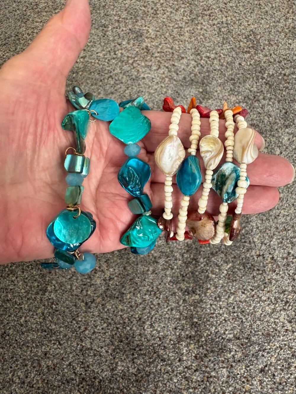 Bundle of Three Dyed Shell Bracelets 2 Stretchy and 1 Cuff Style